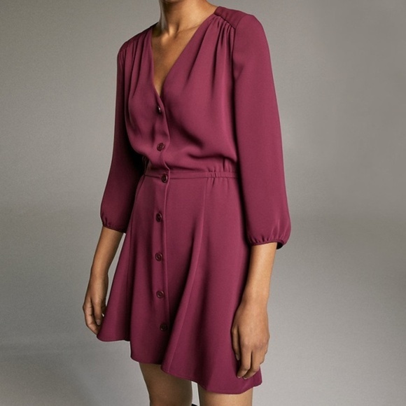 Aritzia Babaton Burgundy Long Sleeve V-Neck Chiffon Button Mini Day Dress - Sz S - Picture 1 of 16